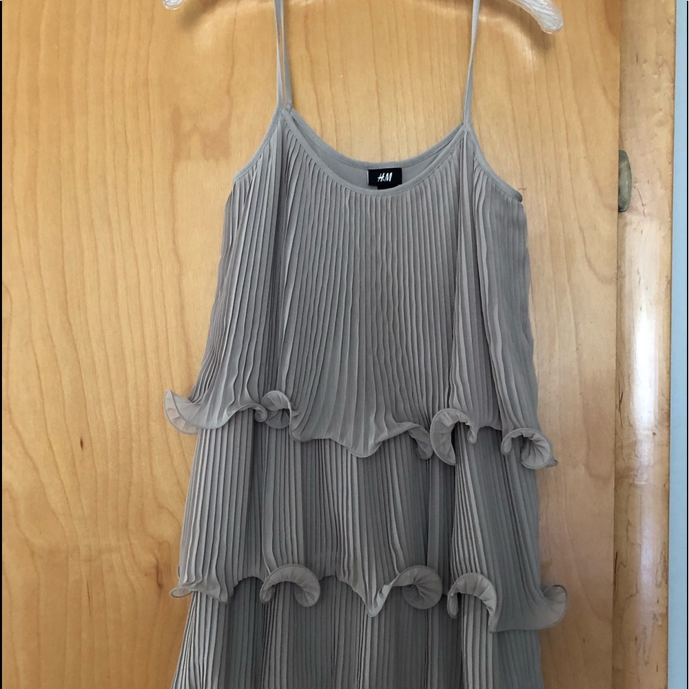 H&M Taupe Pleated Ruffle Tiered Spaghetti Strap Dress